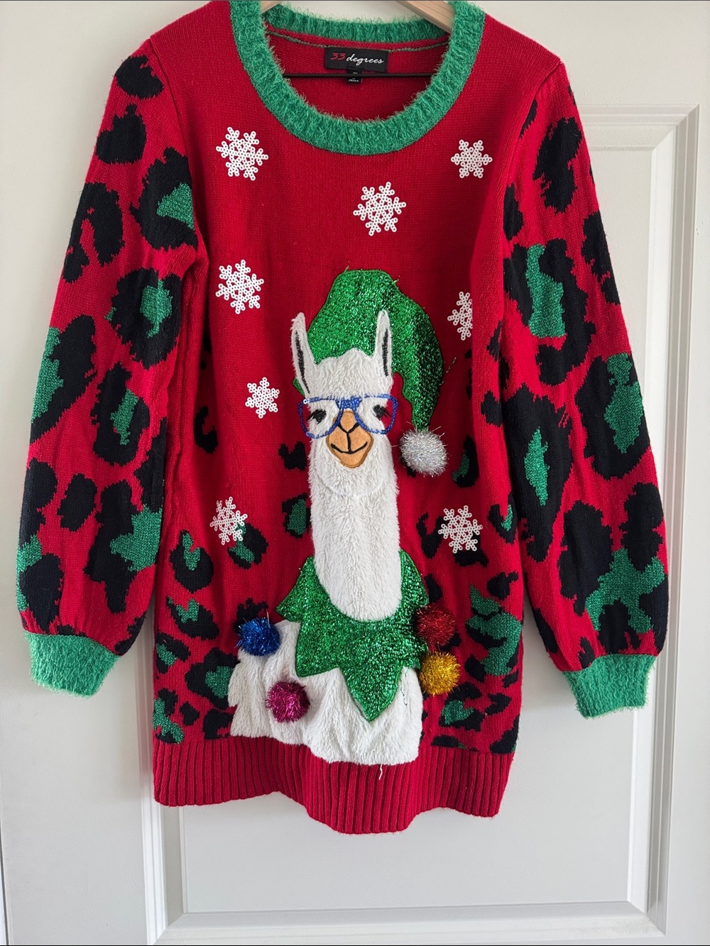32 Degrees Red Sweater with Green Accents and Festive Llama Motif